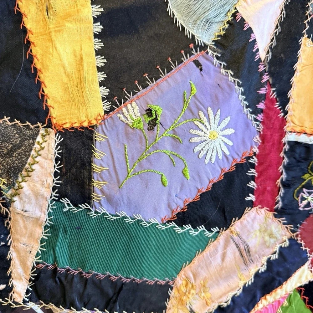 Antique Victorian Crazy Quilt 1903 Vintage Abstract Design Patchwork Quilt *tear